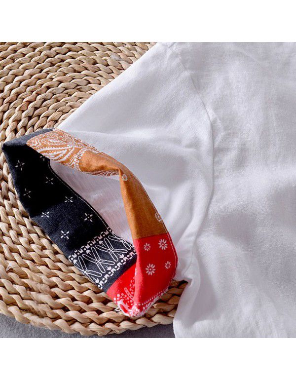 Men's casual linen short sleeved shirt White loose beach trendy men's patchwork cotton linen shirt T-shirt