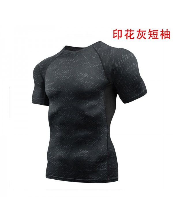 Fitness clothes men's high-elastic tight-fitting summer t-shirt sports short-sleeved quick-drying ice silk running basketball training vest 